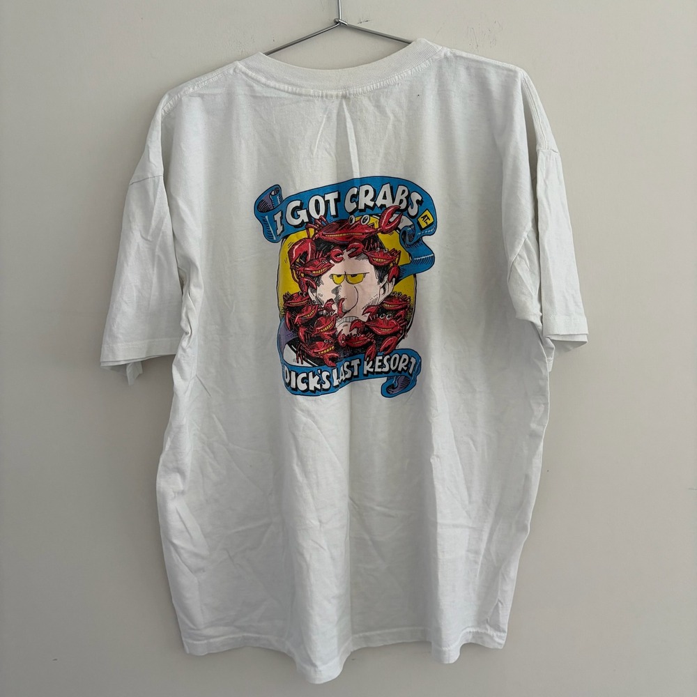 Vintage Dicks Last Resort I Got Crabs Graphic Pocket T-Shirt XXL White